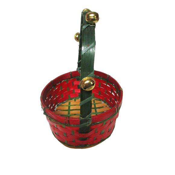 Decorative Basket Wicker Woven Round Red and Green with Handle and Jingle Bells - Picture 2 of 4